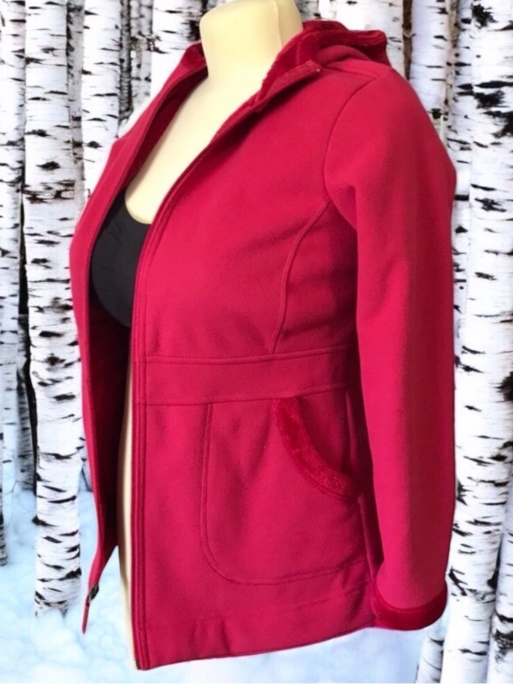 LANDS END Red Medium Weight Fleece Lined & Trimmed Hooded Jacket